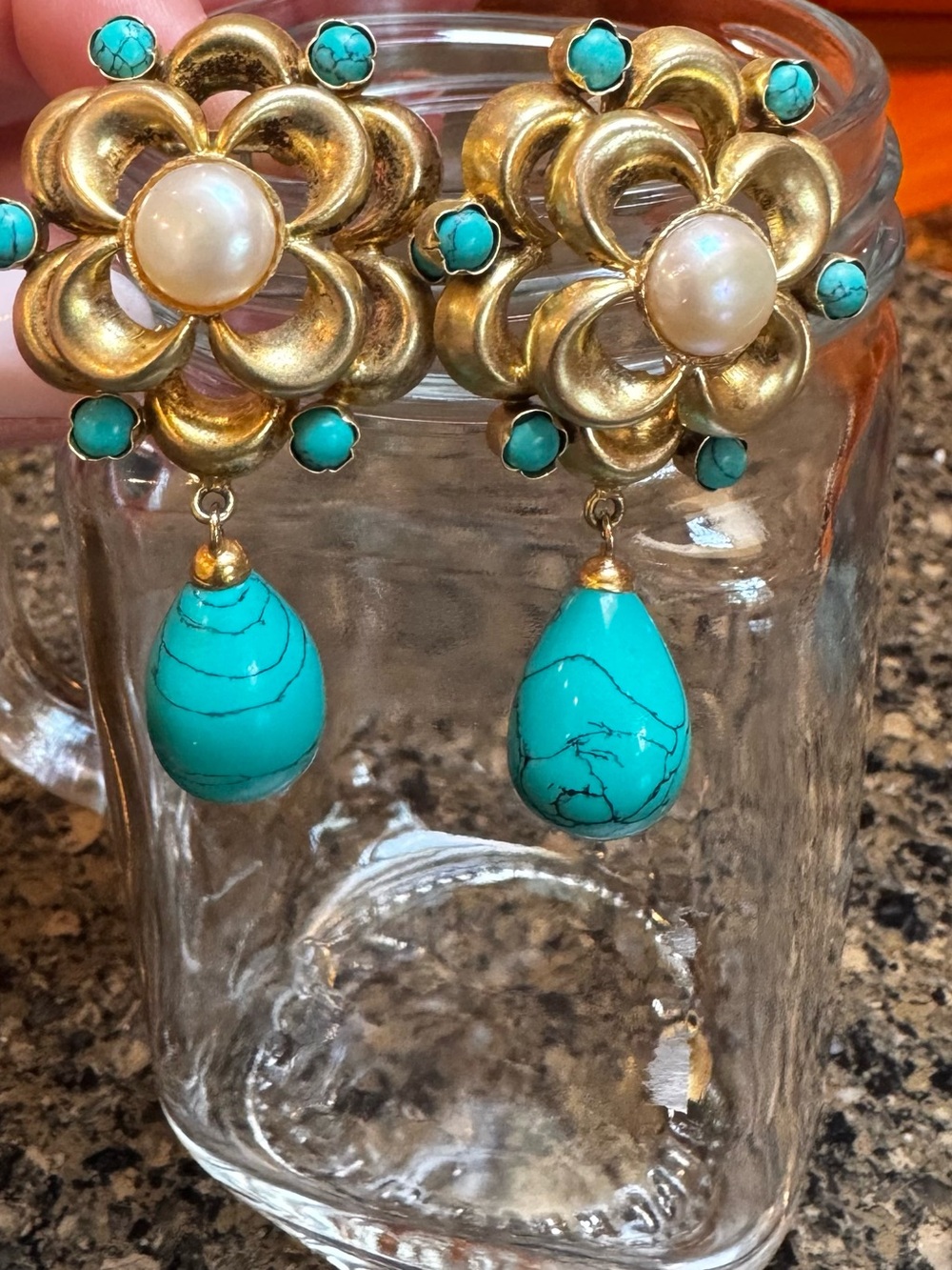 Vintage Gold Floral Drop Earrings with Turquoise and Pearl